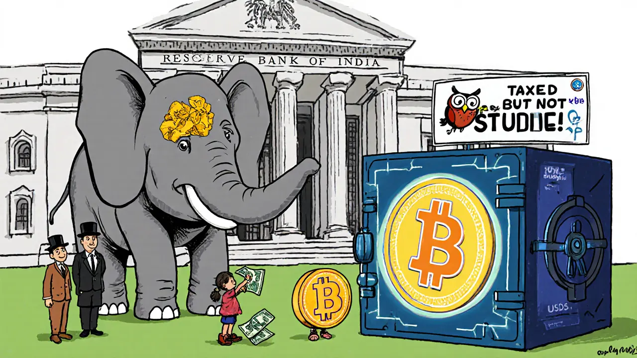 A blockchain elephant holds a Bitcoin nugget as citizens deposit rupees into a national Bitcoin reserve vault.