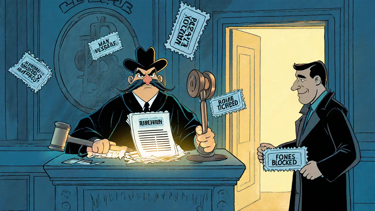 A cartoon judge enforces a 0 resale cap on a glowing blockchain with a giant rulebook.