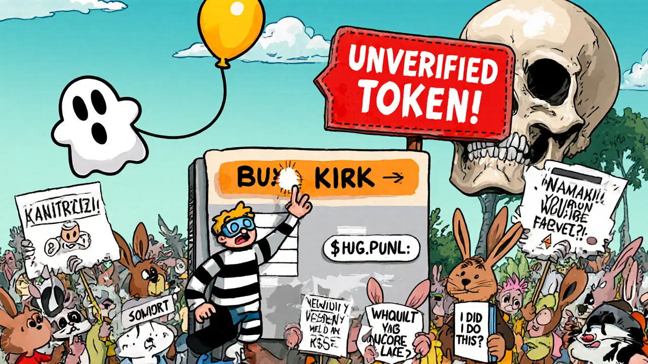 A cartoon trader frantically buying a near-worthless token as a ghostly token floats away, surrounded by confused animals and warning signs.