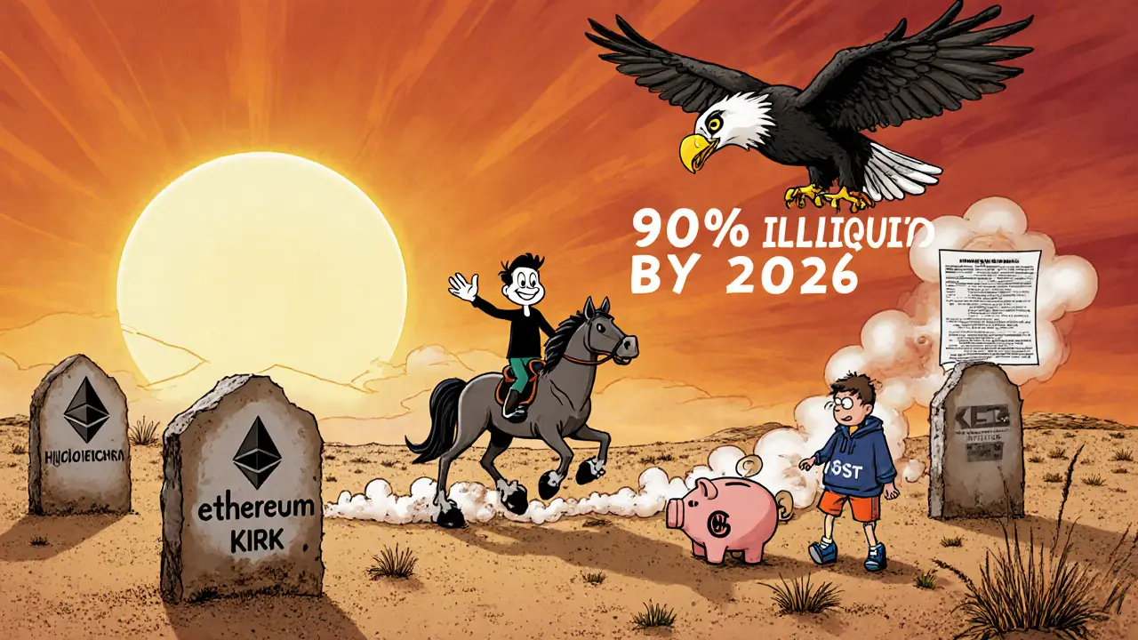 A desert with three crypto token tombstones under a setting sun, as Charlie Kirk rides away and a vulture with an SEC subpoena circles above.