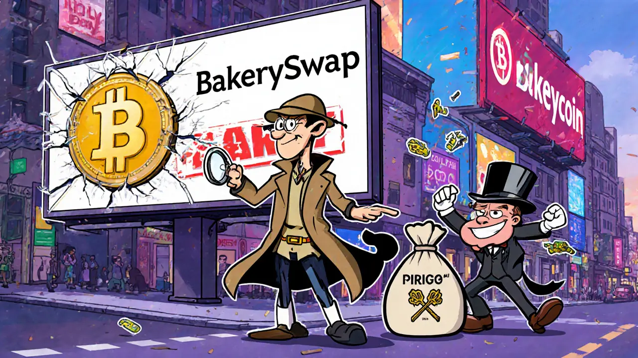 A detective points at a crumbling fake BAKECOIN billboard while real BAKE staking happens nearby.