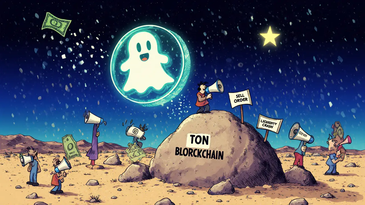 A ghostly ICC token floating over a barren digital wasteland with tiny figures shouting into empty megaphones.