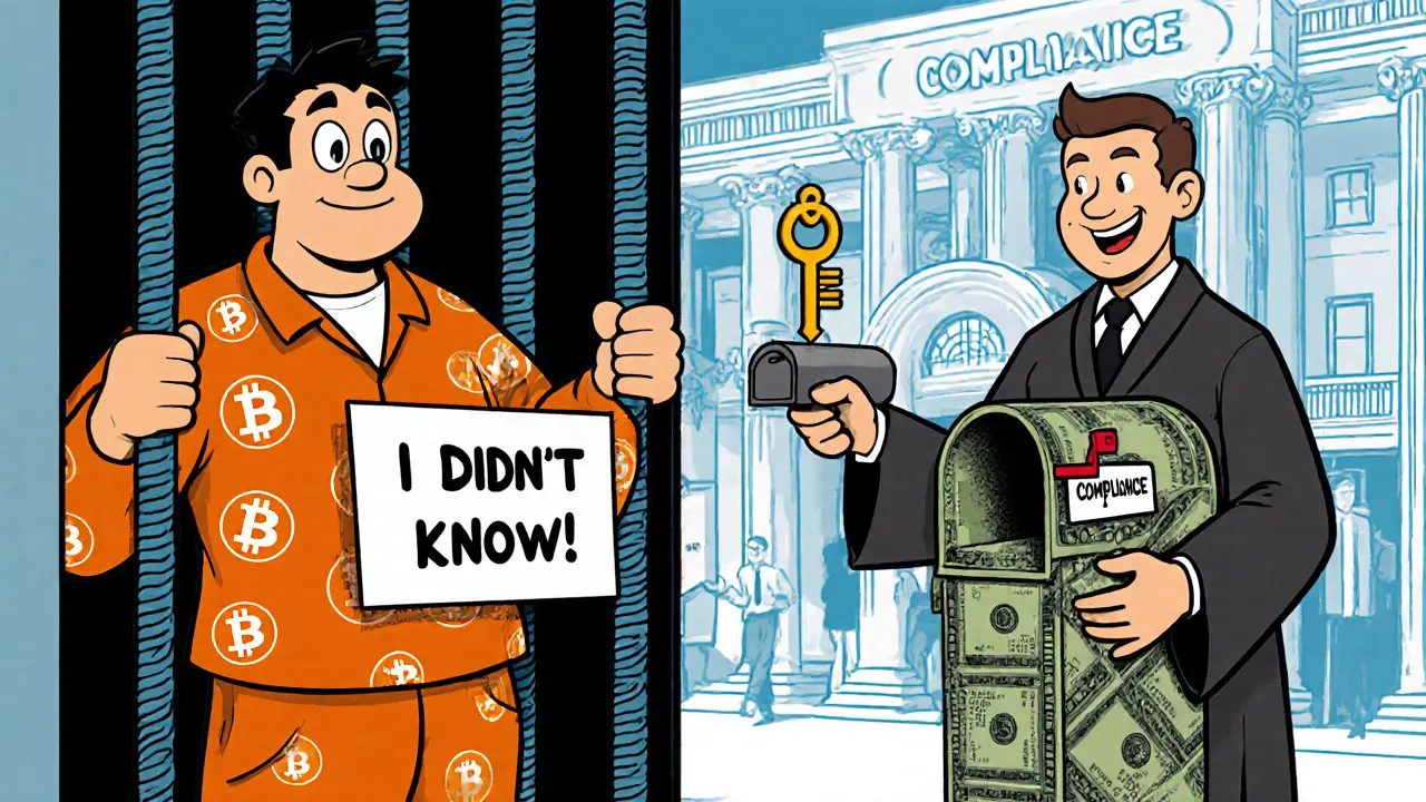 A jailed crypto operator watches a compliance key drop into a mailbox, while a compliant exchange thrives outside.