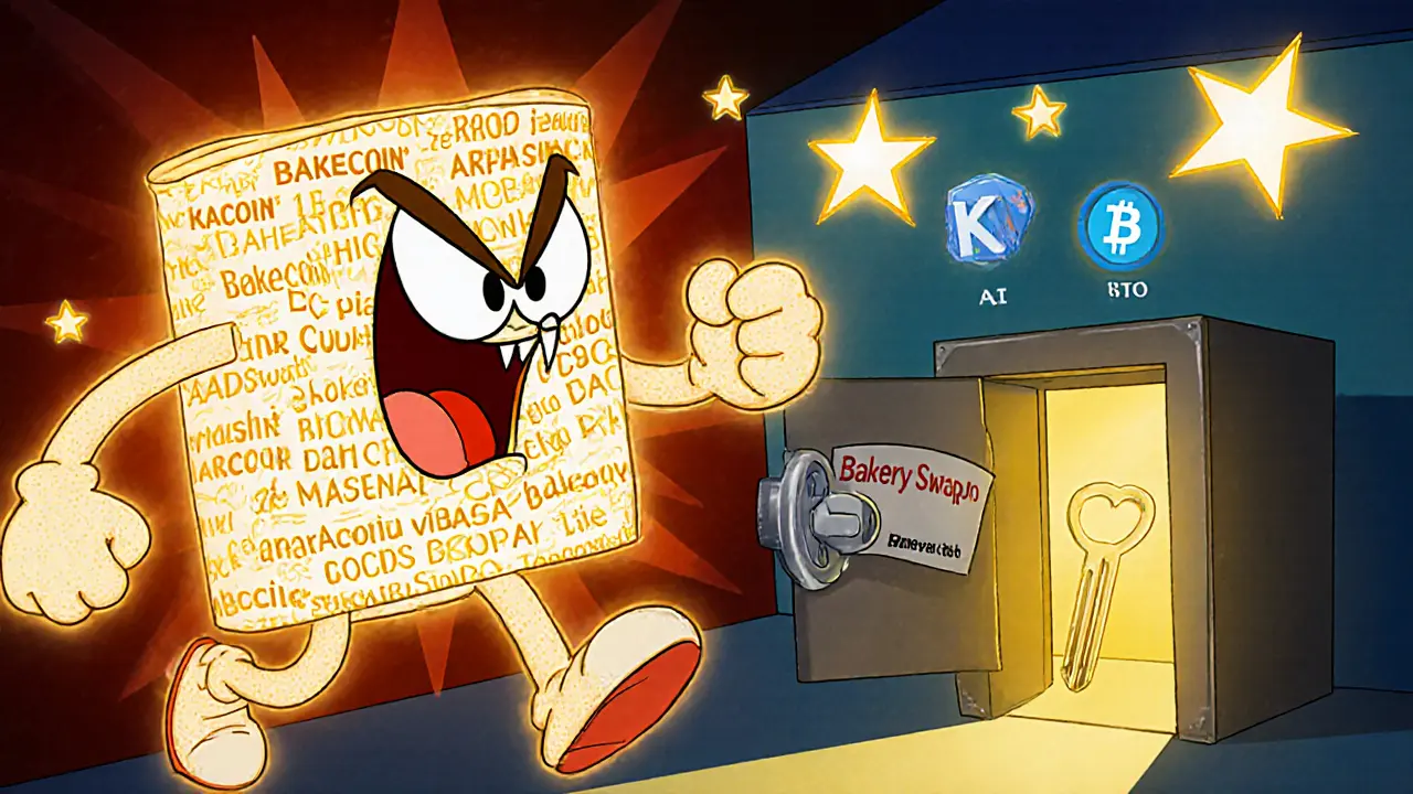 A running wallet escapes a phishing monster toward a safe BakerySwap vault under shining real airdrop stars.