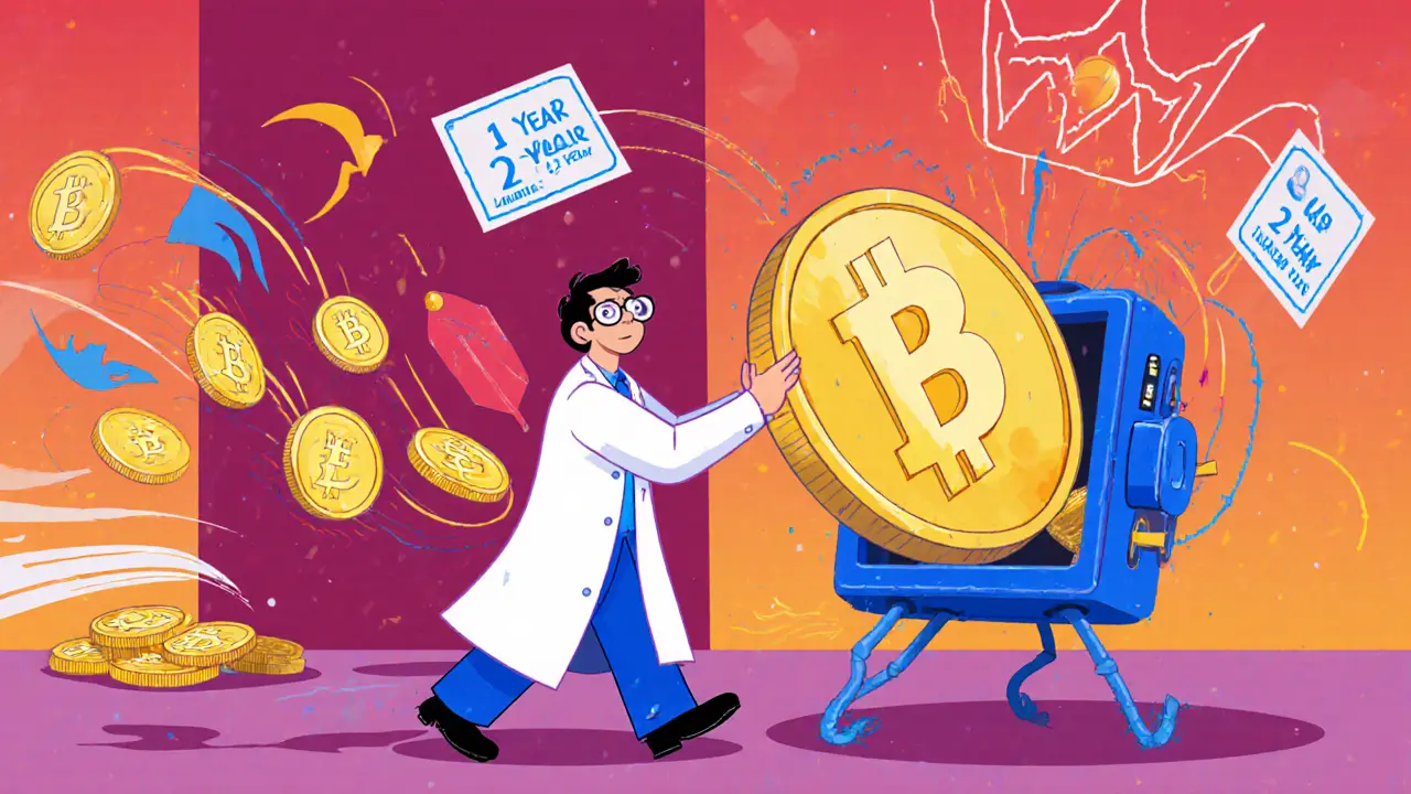 A scientist staking SWAP in a time machine that walks away, releasing reward tokens as it moves forward.