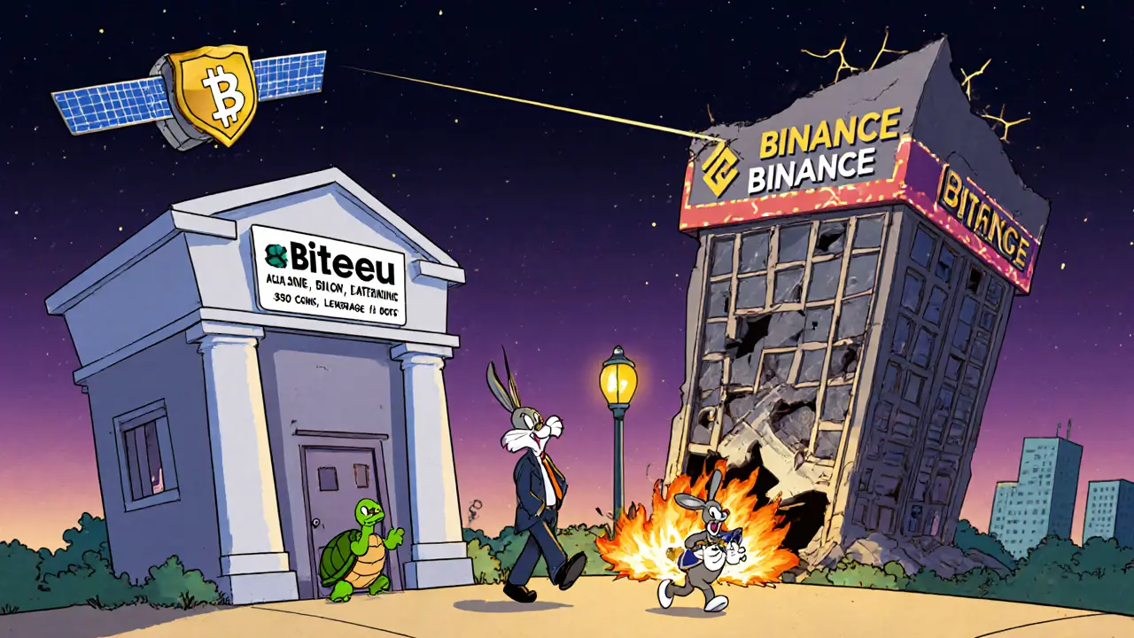 A small safe bank called Biteeu stands quietly next to a collapsing flashy crypto casino.