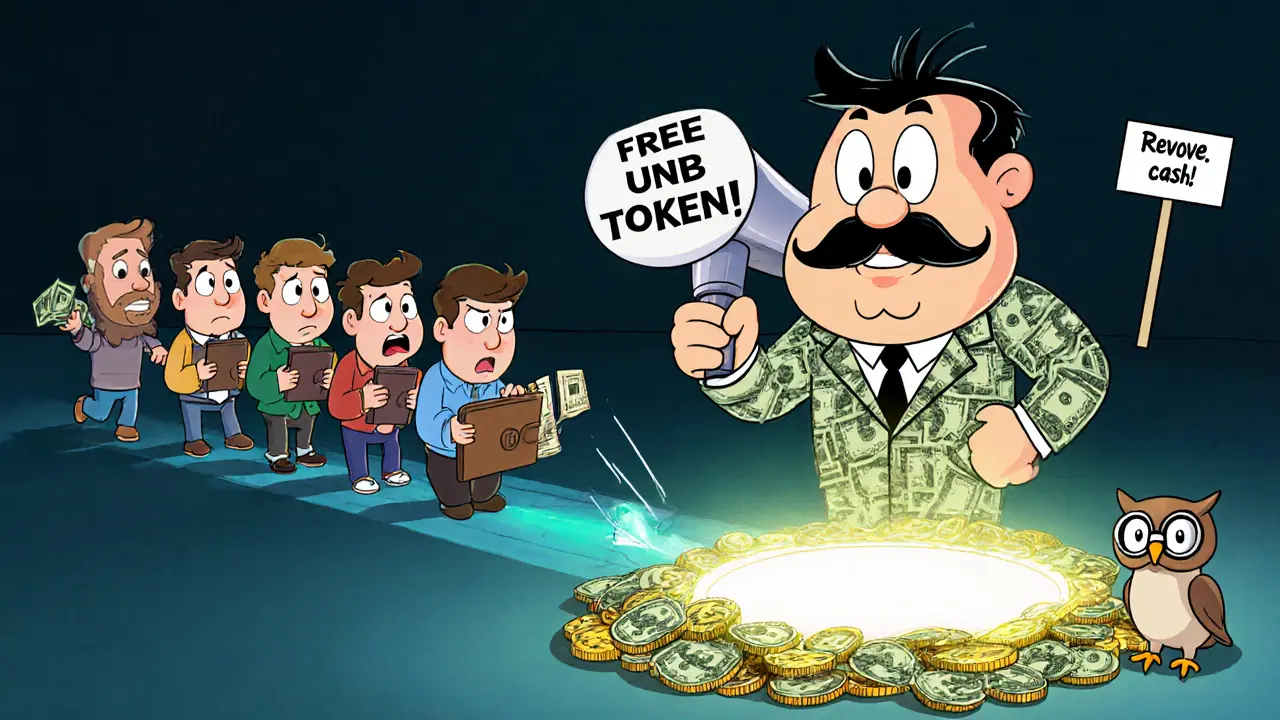 A smug cartoon scammer steals crypto from users connecting wallets to a fake Blur-like interface.