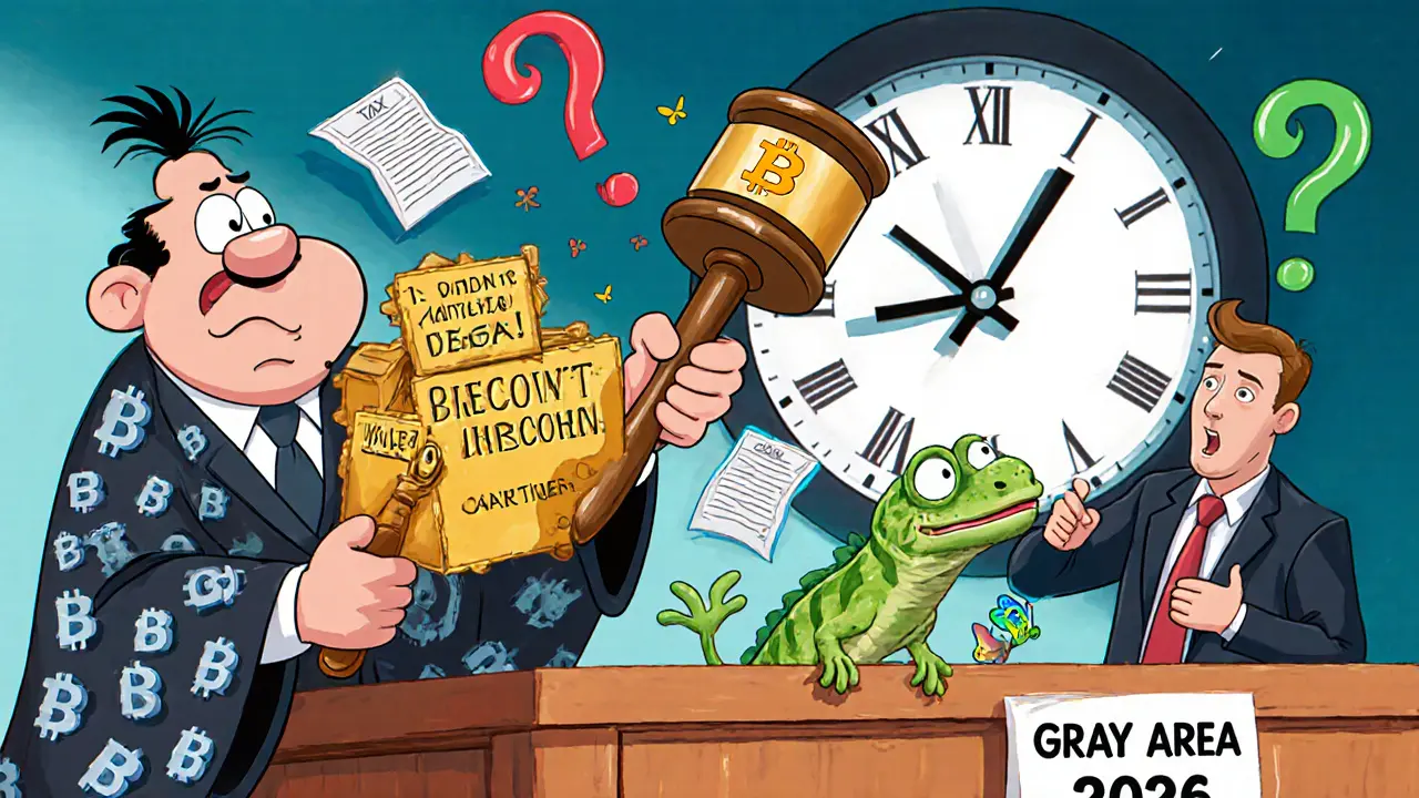 A surreal courtroom with a blockchain judge and a confused business owner surrounded by floating question marks and tax butterflies.