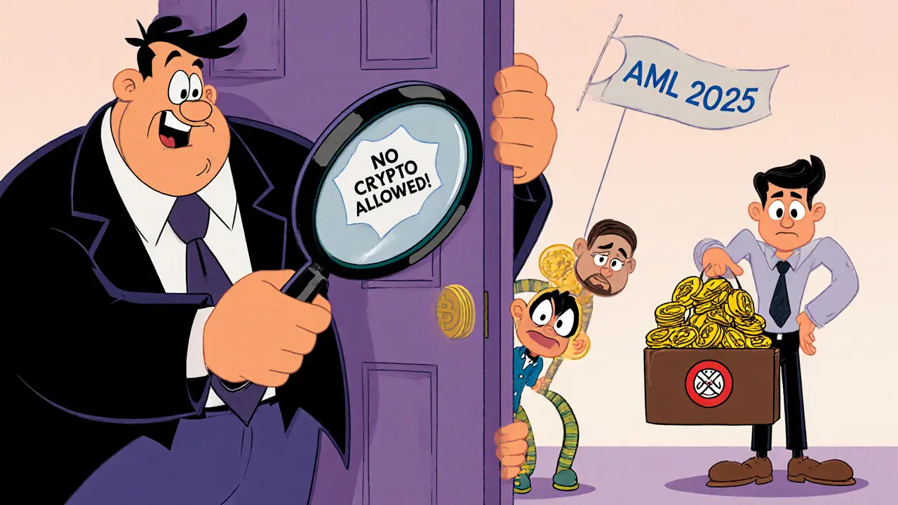 A tiny crypto founder being shut out by a giant bank teller while other startups peek nervously from behind.