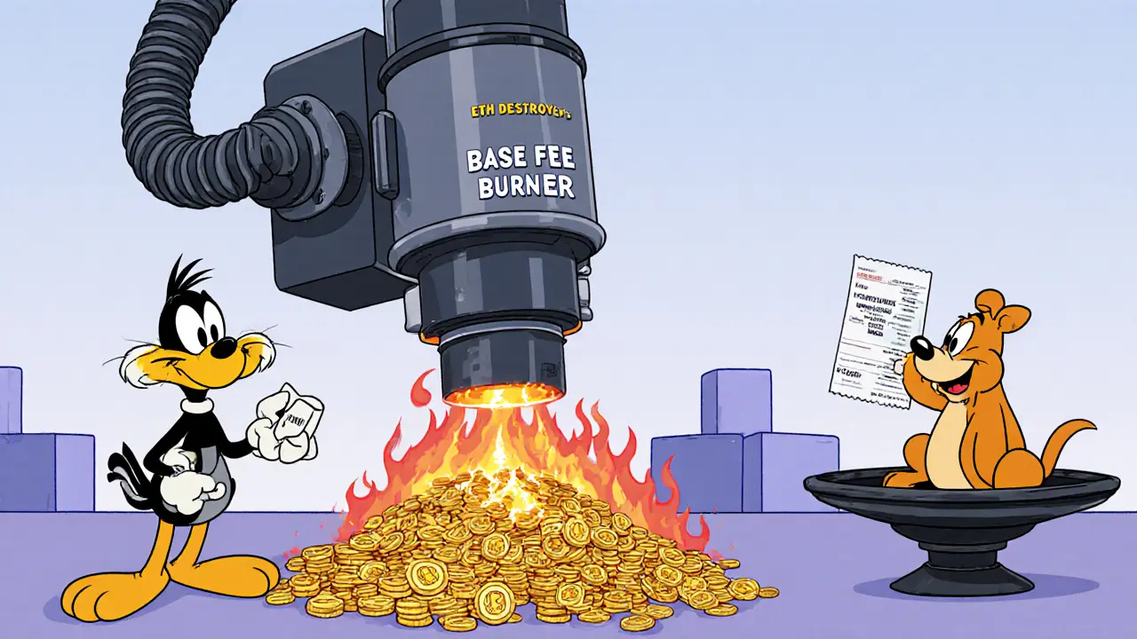 A vacuum labeled &#039;ETH DESTROYER&#039; sucks up gwei coins into a fiery void while a tip envelope is handed out.