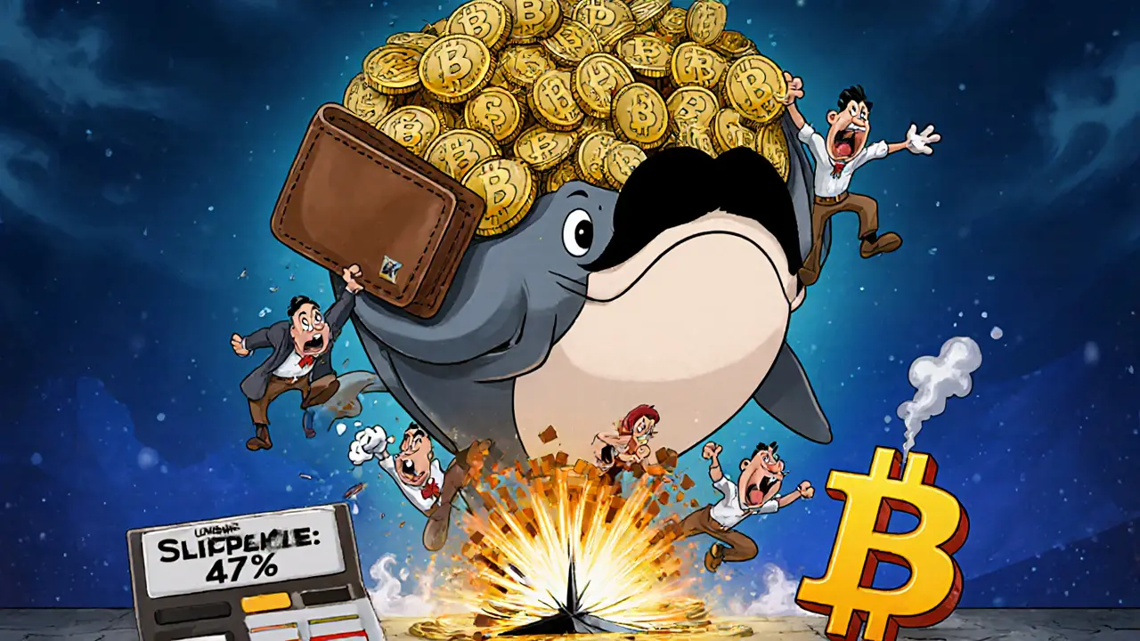 A whale-like figure hoists a pile of PARADOX tokens as tiny investors cling helplessly, tokens tumbling into a slippage abyss.