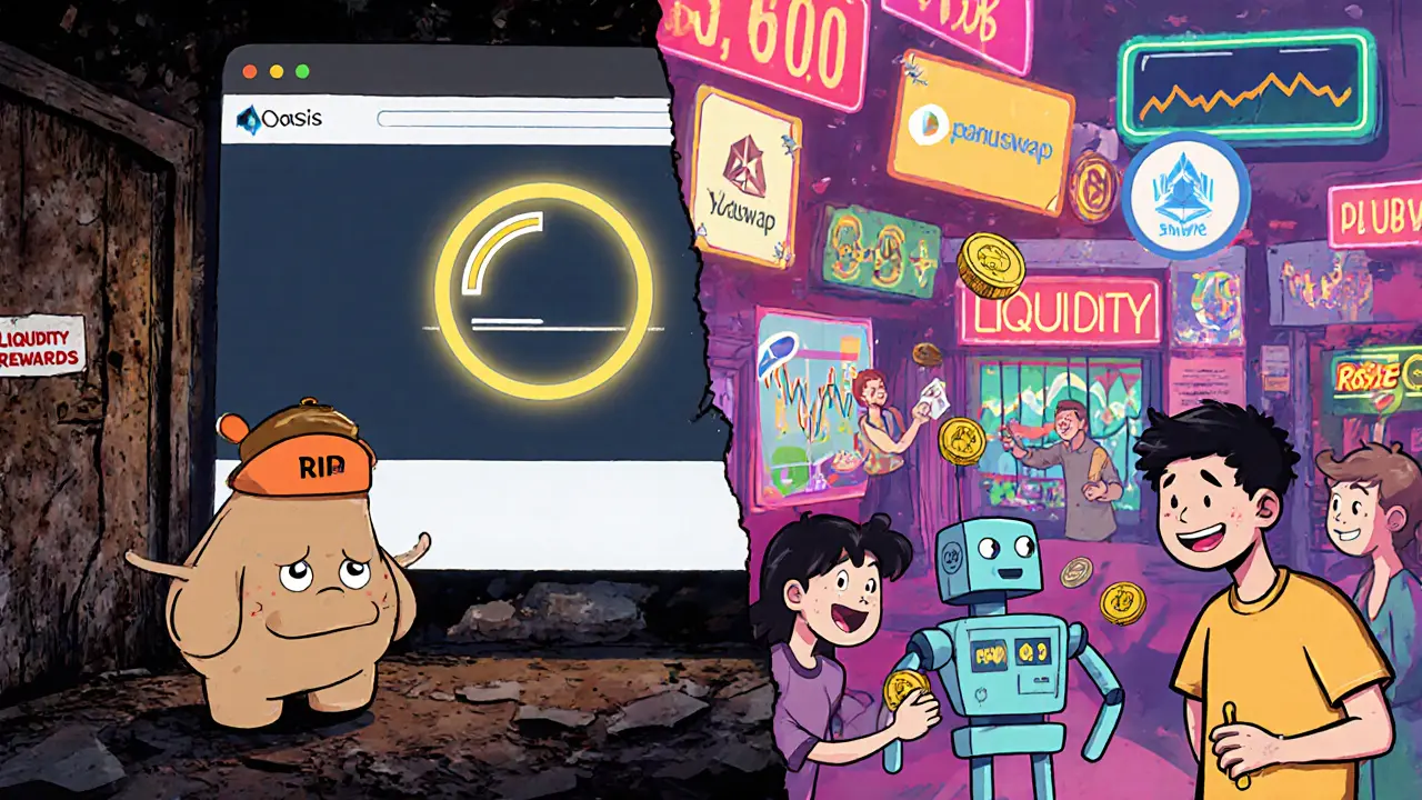 Abandoned Oasis Exchange site vs. lively Uniswap and YuzuSwap DEX hubs in cartoon style