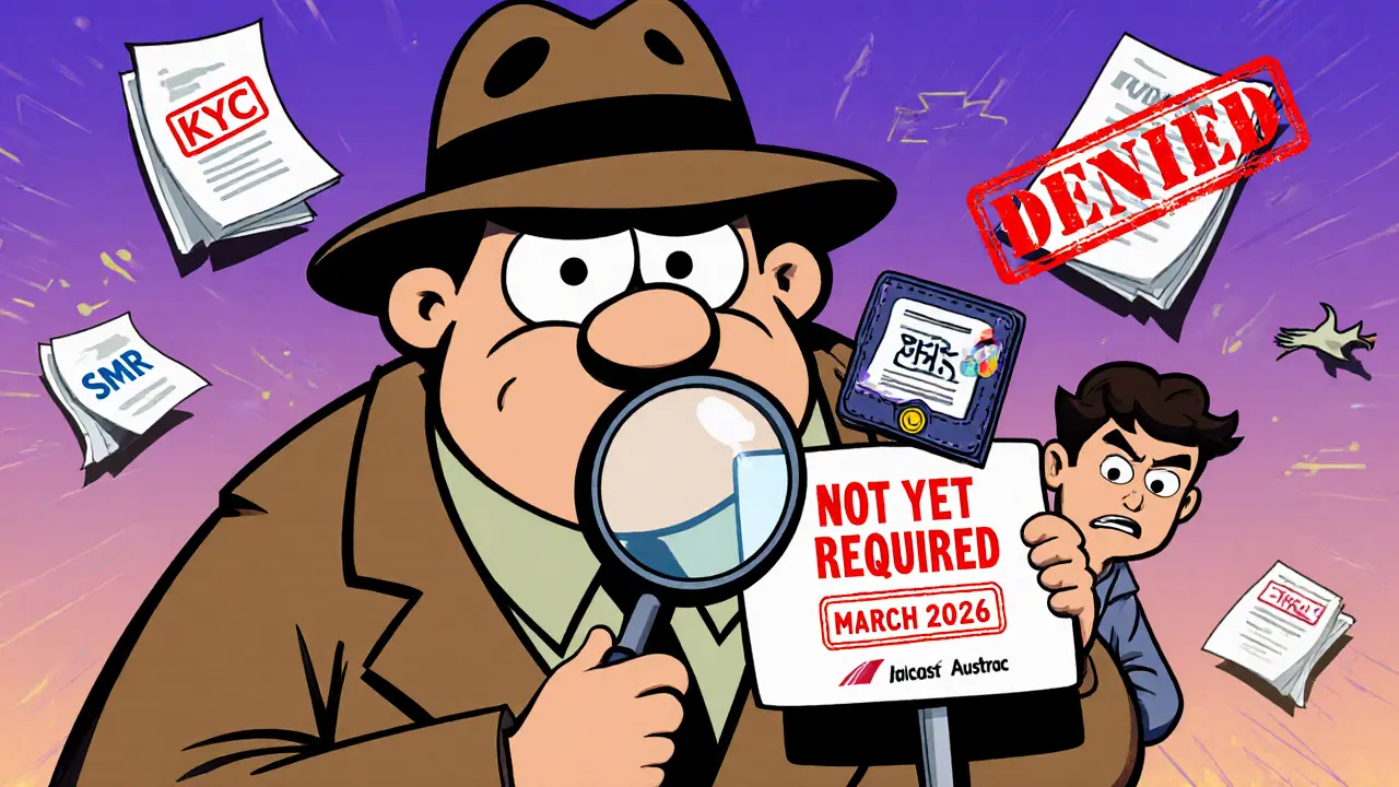 An AUSTRAC detective investigates a hidden crypto trade, with red &#039;DENIED&#039; stamp and flying compliance documents.