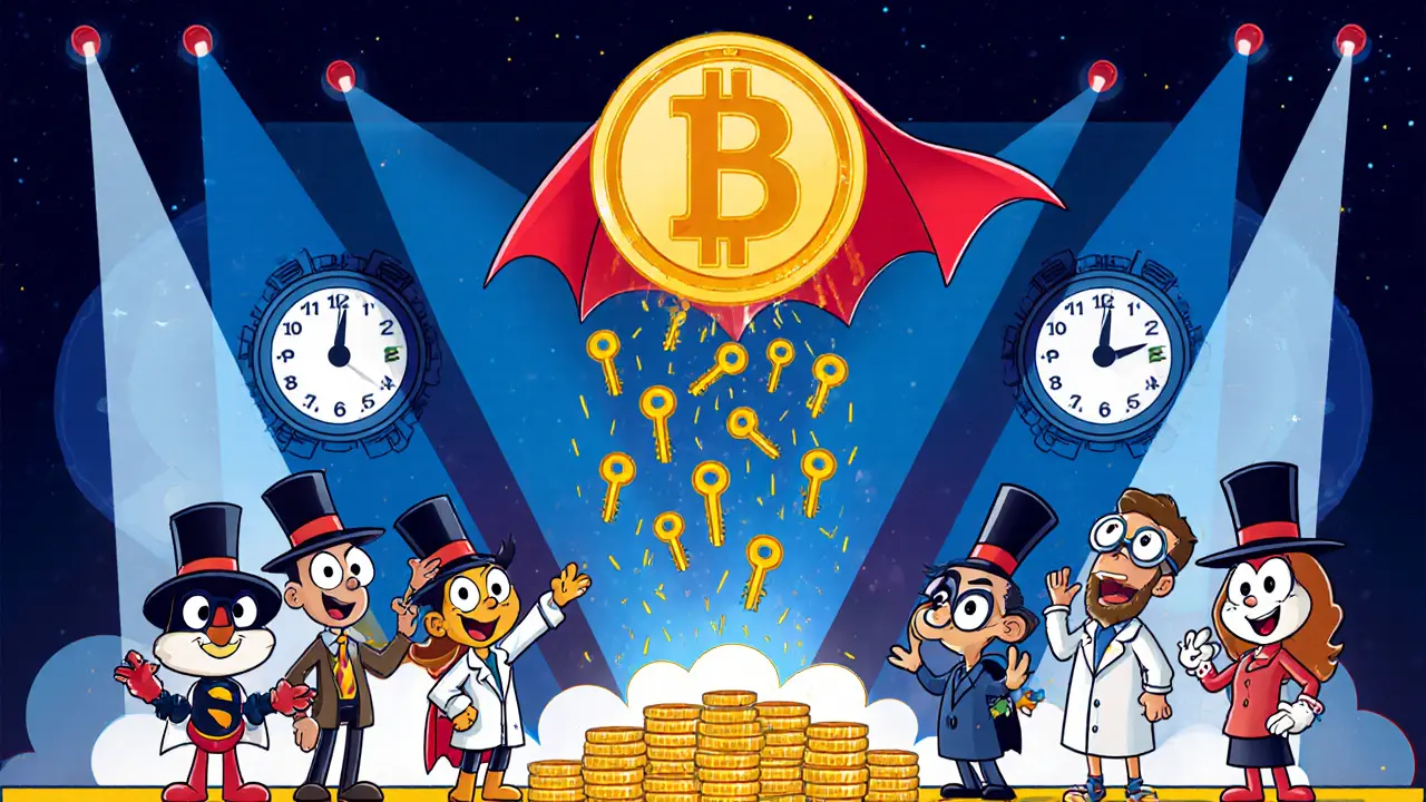 Cartoon crypto projects lining up at a launchpad, with a SWAP token superhero raining down access keys.