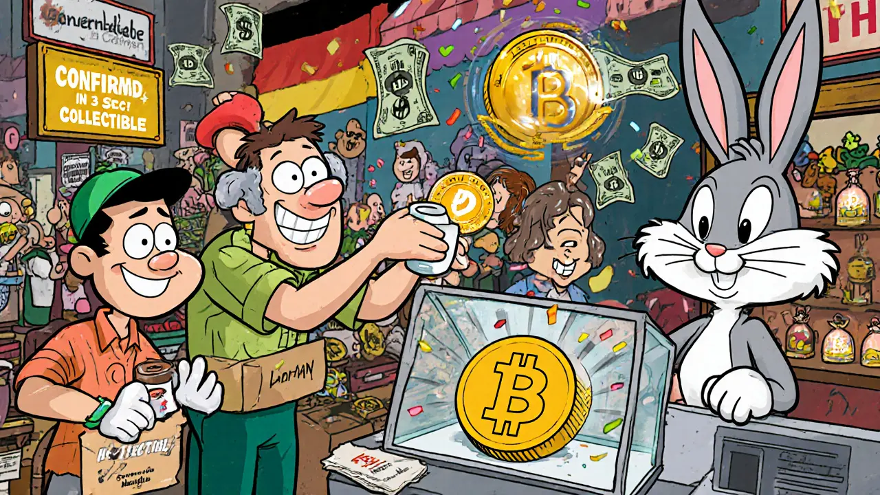 Cartoon merchants around the world happily accepting fast, cheap Bitcoin Cash payments at a marketplace.