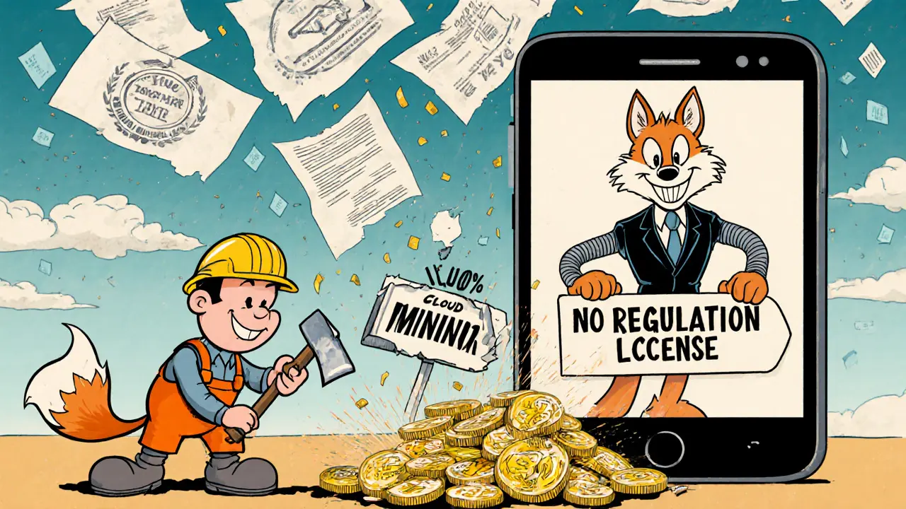 Cartoon miner inside a phone receiving Bitcoin rain, while a fox collects 10% profit tax under crumbling &#039;No Regulation&#039; signs.