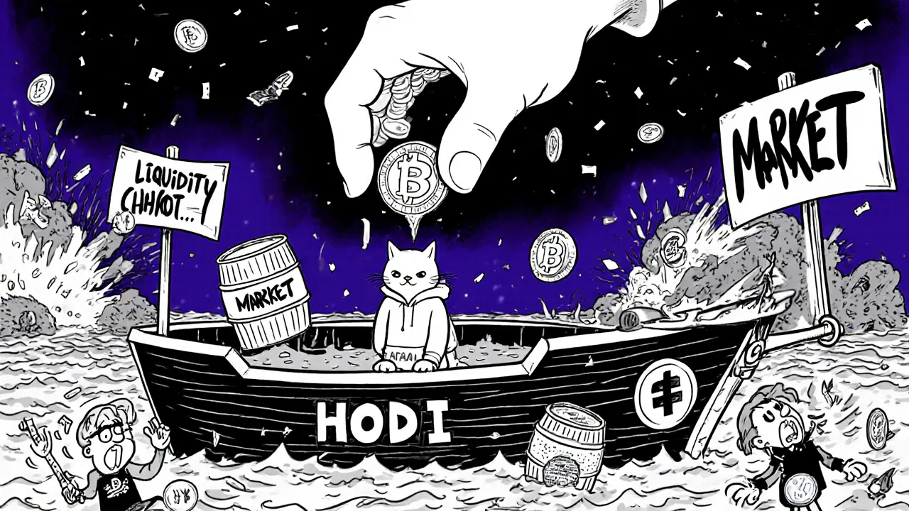 Cat in hoodie on sinking ship labeled HODI Coin as investors flee in Looney Tunes art style