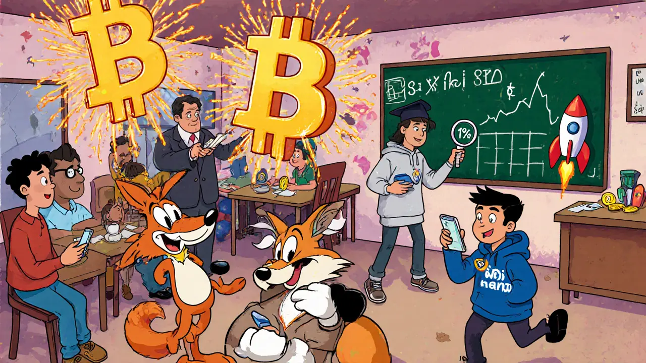 Chaotic chai shop crypto trading scene with UPI transactions, TDS tax fireworks, and a student building a DeFi rocket.