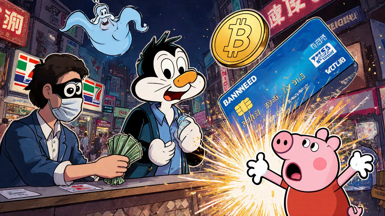 Chaotic night market crypto trade with cash and banned credit card exploding.