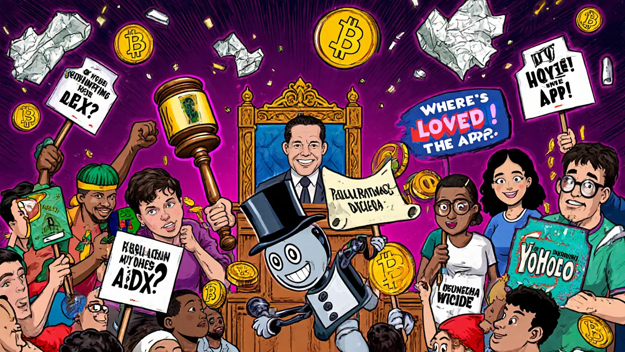 Courtroom scene with a robot StormGain mascot dragged away by a gavel as users protest, surrounded by falling DEX signs.