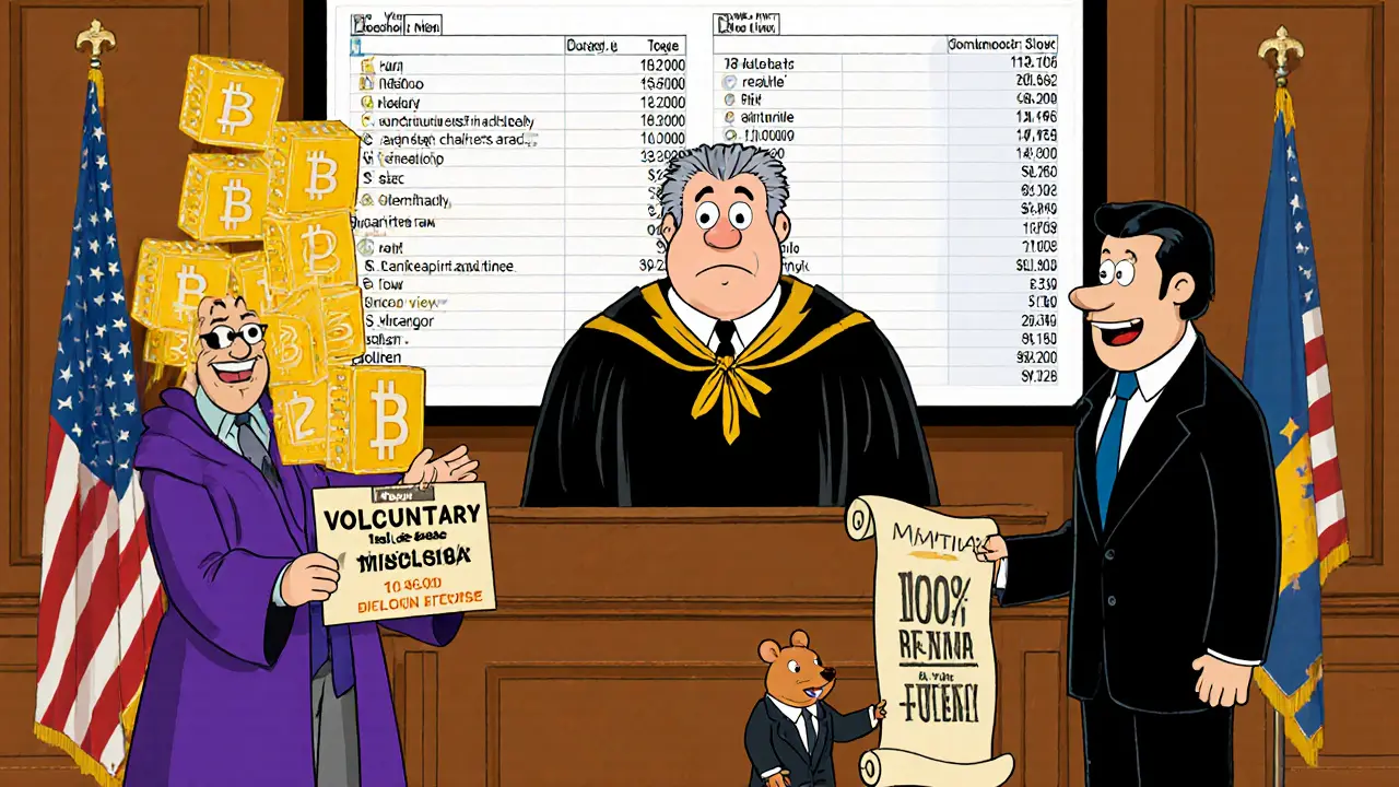 Crypto investor in courtroom sentenced by judge in blockchain robe while transaction logs flash on screen.