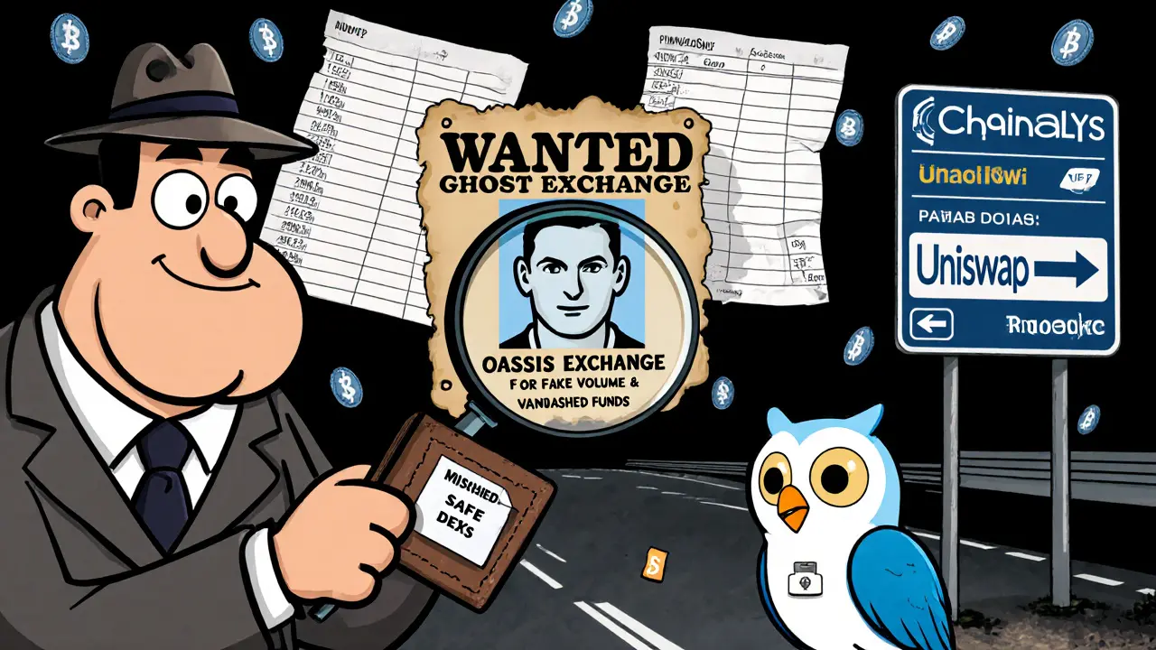 Detective exposing fake crypto exchange with wanted poster and safe DEX signs in Looney Tunes art