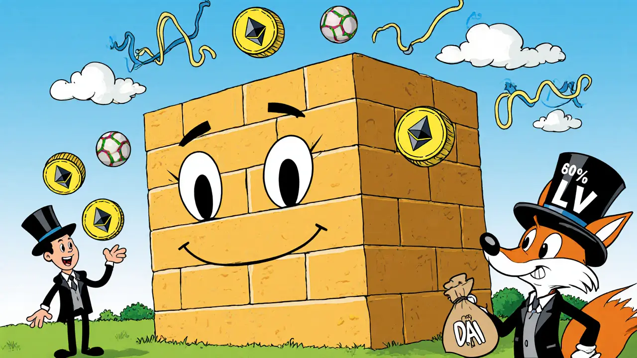 Ethereum wall with bouncing crypto coins being lent by a top-hatted user and borrowed by a sneaky fox.