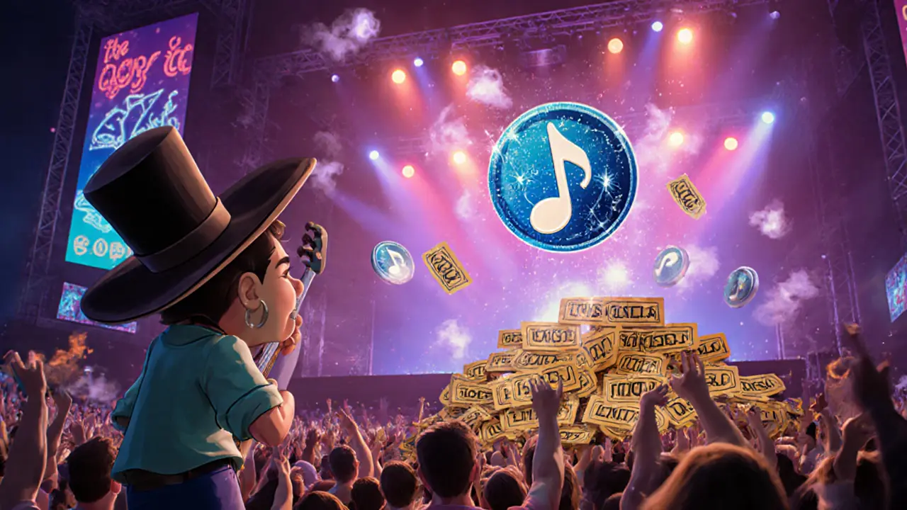 Fans receive animated NFT badges as a musician plays, and fake tickets vanish in smoke.