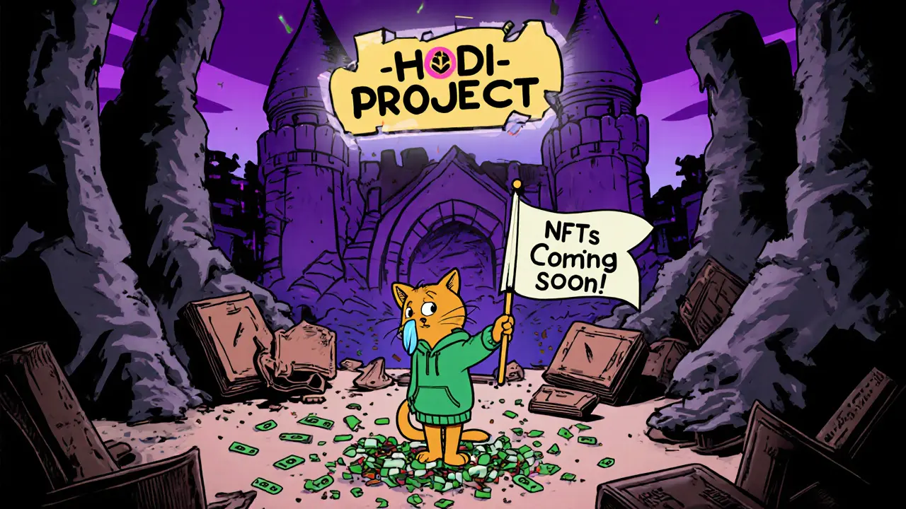 Ghostly HODI castle crumbling with falling roadmap and empty wallets in classic cartoon style