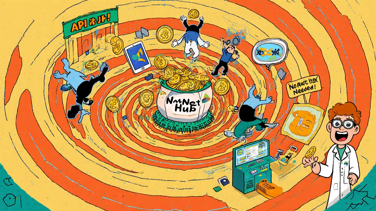 Global devices tossing NTX tokens into a central NuNet hub in cartoon style