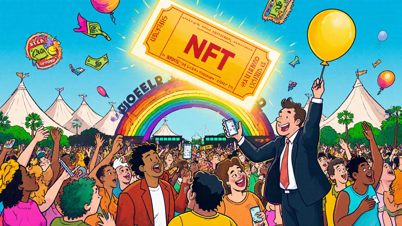 Happy fans enter a festival with glowing NFT tickets as a deflating scalper pops in the background.