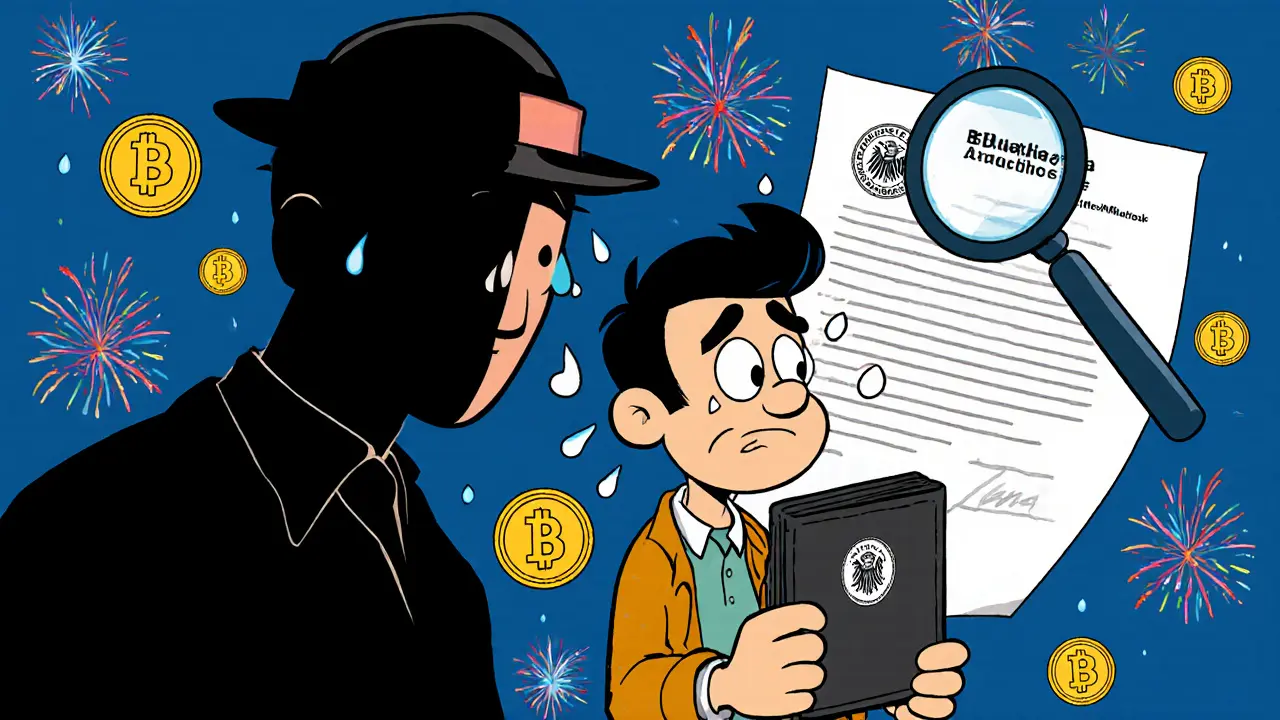 Nervous investor with a MetaMask wallet as giant IRS agent looms over him with magnifying glass.