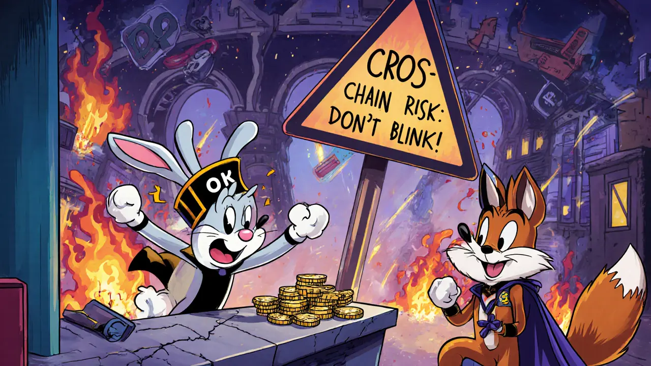 Rabbit swapping tokens on a wobbly DEX counter as a fox tries to steal UX coins.