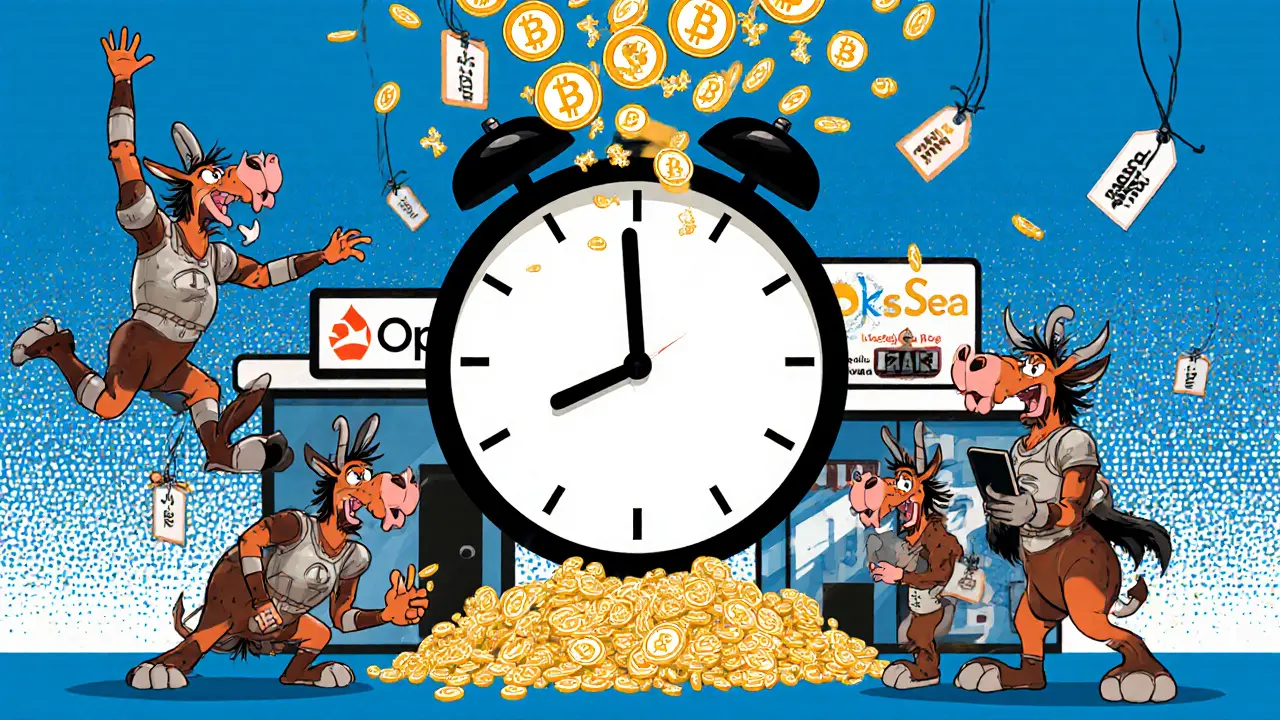 Several cartoon minotaurs celebrating as TAUR tokens rain from a 24-hour clock, with exchange logos in the background.