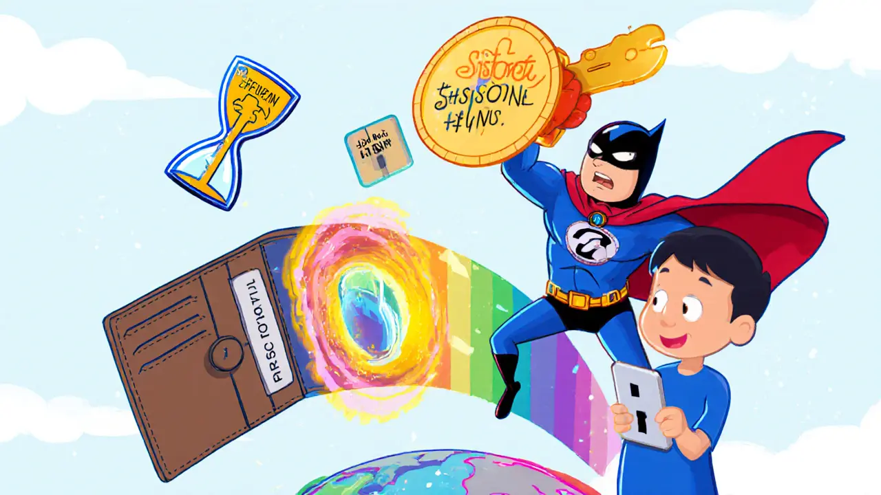 Smart wallet superhero blocks hacker with multi-sig shield while child logs in with Face ID.