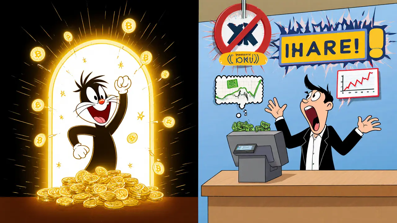 Split scene: user earning interest on Compound vs. trader frustrated at a crypto exchange with &#039;No Trading&#039; sign.