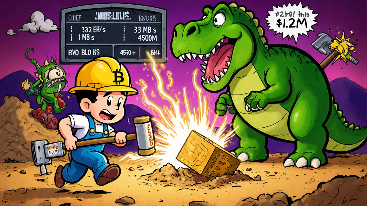 Tiny miner outpacing a giant dinosaur in a block-digging race, with Bitcoin Cash winning using bigger blocks.