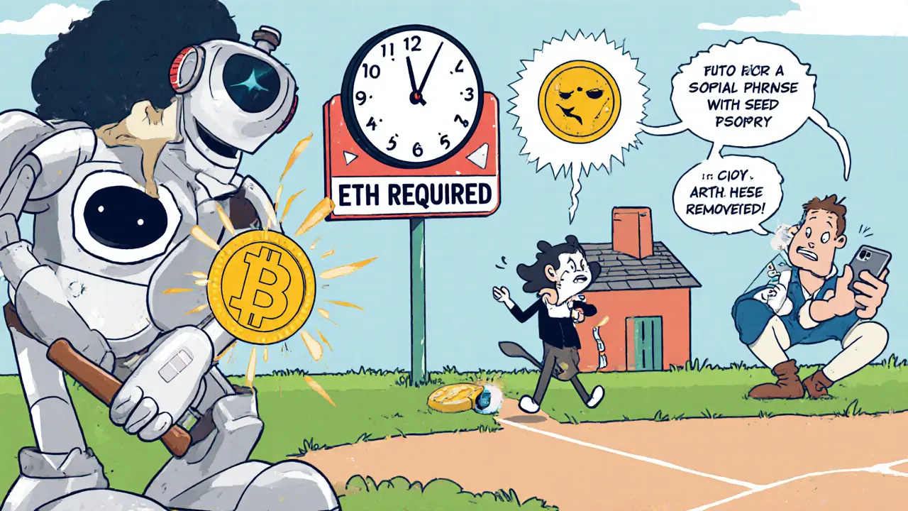 User plays game as smart wallet robot pays gas with USDC coin, smashing &#039;ETH REQUIRED&#039; sign.