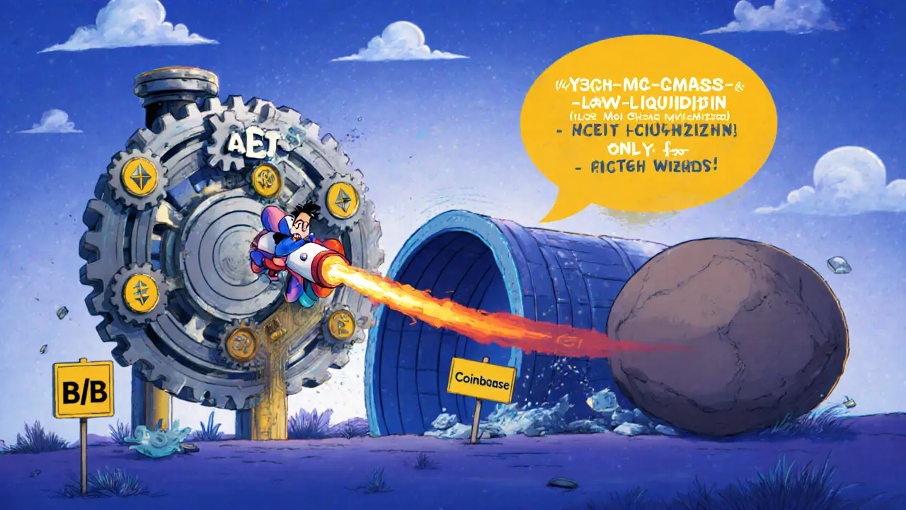 User riding a rocket through cross-chain tunnels powered by staked assets, with a giant &#039;Low Liquidity&#039; boulder chasing them.