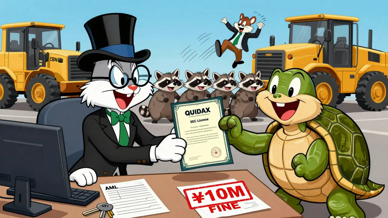 A bank teller gives a license to a happy tortoise mascot while unlicensed raccoons are kicked out by bulldozers.