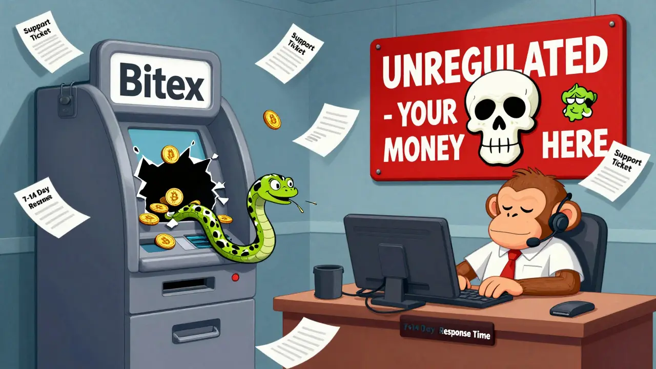 A broken ATM spits out stuck coins as customer service sleeps, warning signs loom large.