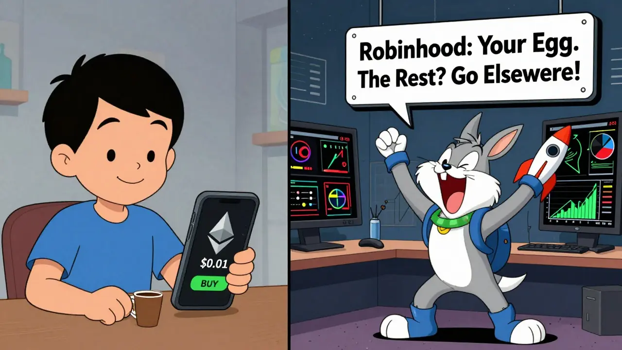 A calm beginner enjoys coffee with simple crypto buying, while a wild trader fails with complex tools.