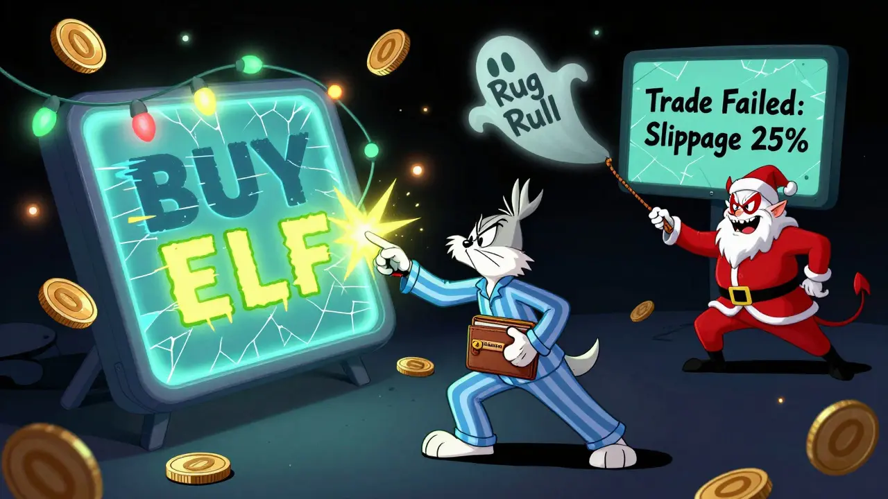 A confused investor struggling with a glitching buy button surrounded by zero-value coins and a rug pull devil.