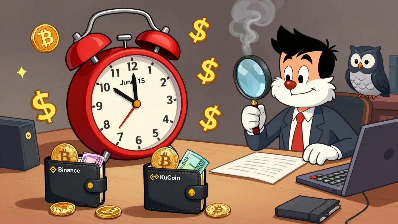 A desk with crypto wallets spilling coins and Euros, a smoking calculator, and a giant ,000 alarm clock in cartoon style.