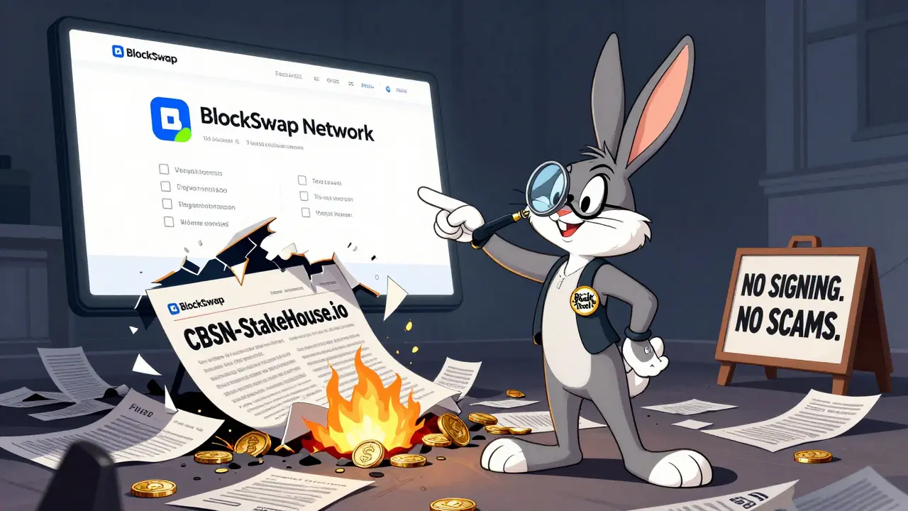 A detective rabbit exposes a collapsing fake crypto website while the real BlockSwap logo glows nearby.