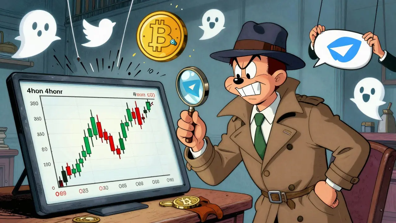 A detective trader examines a bullish candle pattern on a chart, surrounded by cartoon memes and puppeteer Telegram groups.