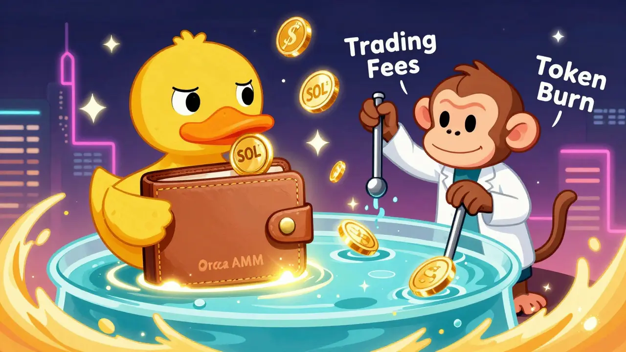 A duck-shaped wallet dropping tokens into a glowing liquidity pool as coins rain down from burning fees.
