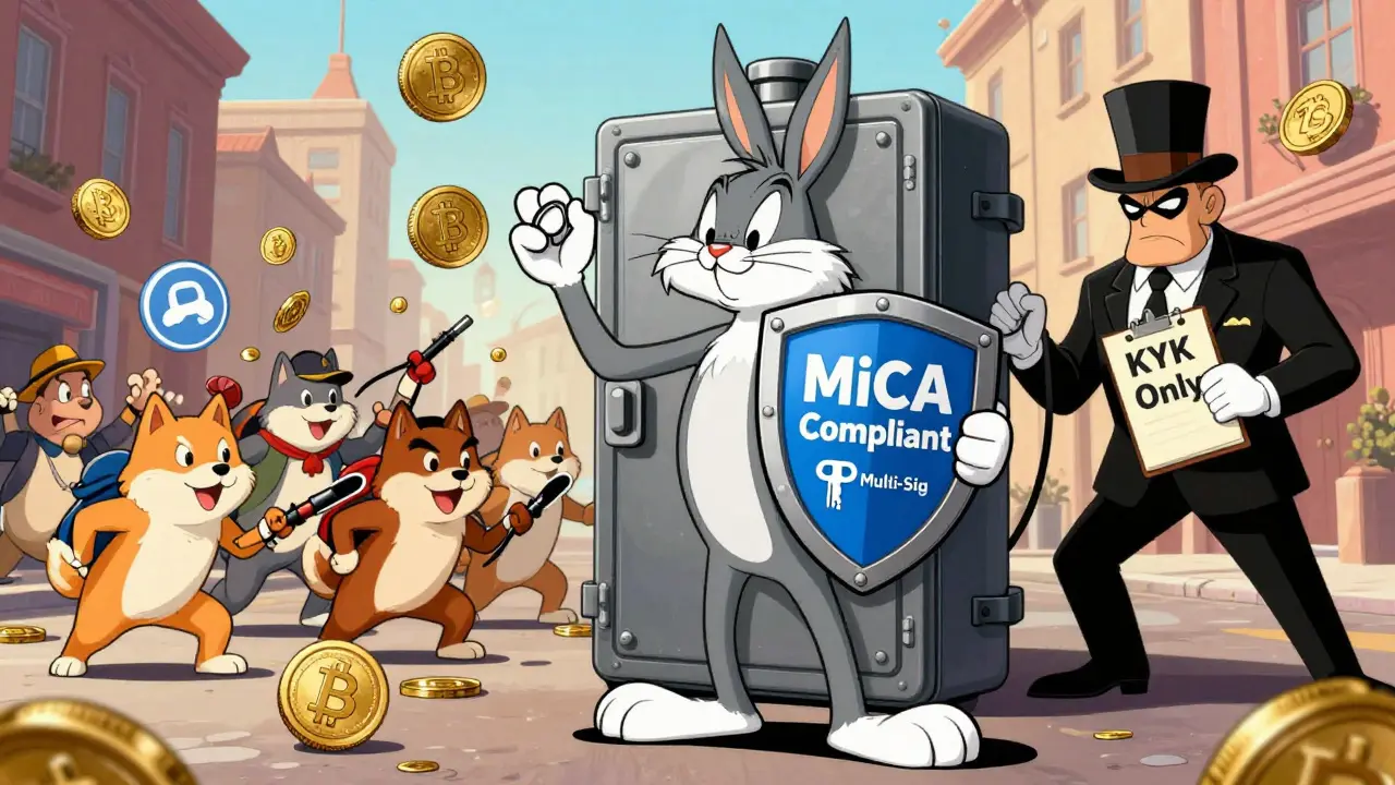 A friendly vault blocks chaotic crypto coins while a regulator enforces compliance in a European city.