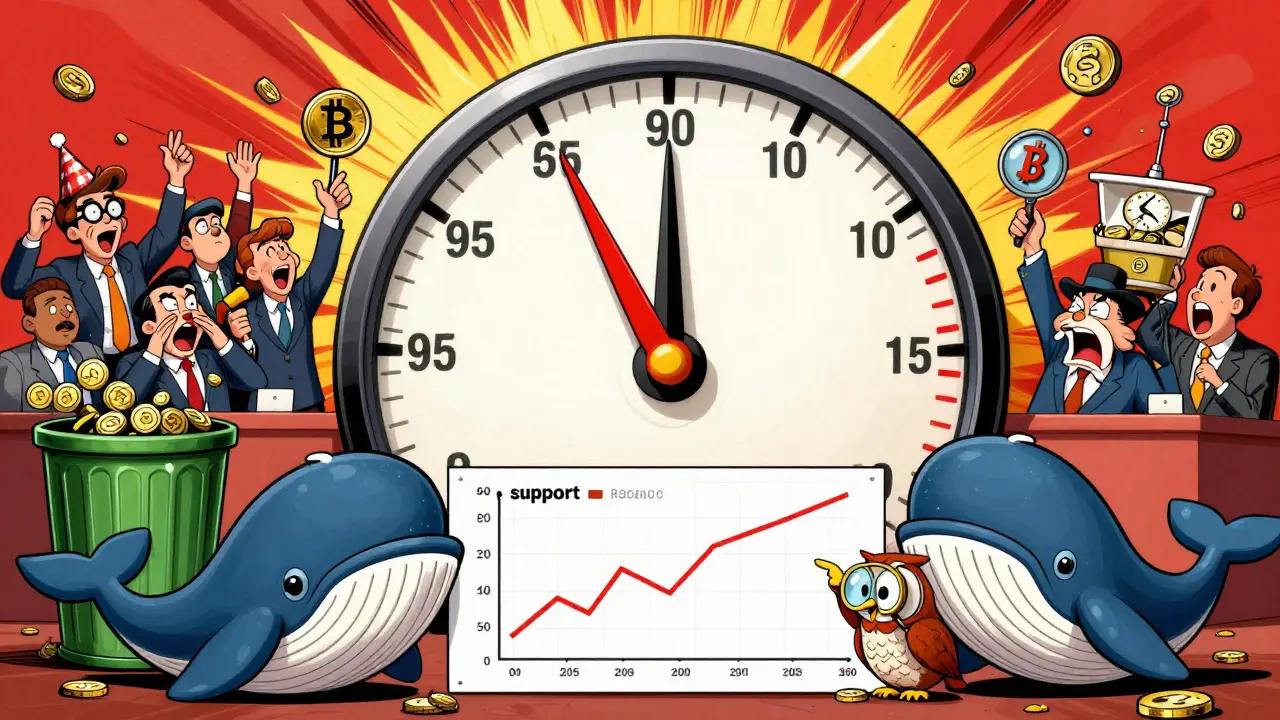 A giant Fear &amp; Greed dial spins from greed to fear, with whales and retail traders reacting wildly below, guided by a wise owl.