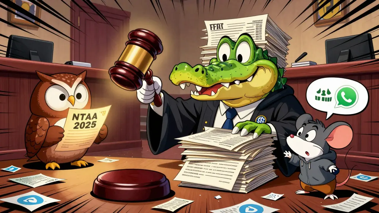 A judge slams a gavel in court as a crocodile hides behind fake documents, while an owl holds a tax bill and a scared mouse looks on.